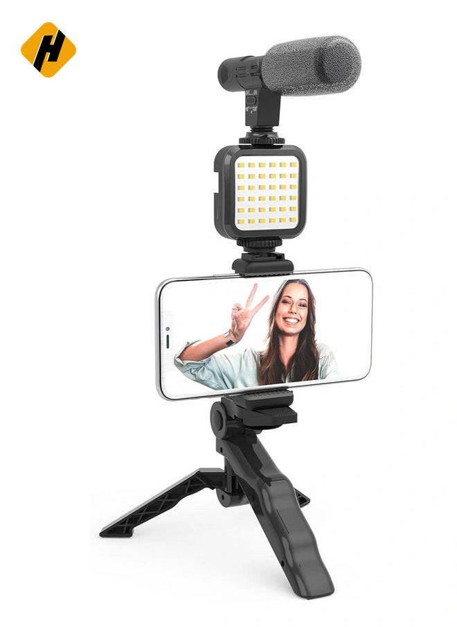 Vlogging LED Video Light + Microphone + Mobile Phone Holder + Hand Grip/Mini Tripod Compatible with Smartphones for TikTok, Youtube, Live Streaming and Meetings