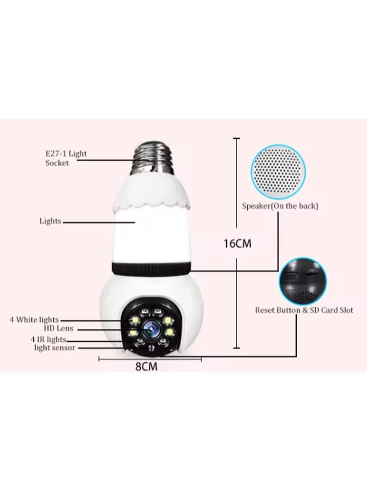 5MP E27 Bulb Camera Wifi Surveillance With LED Bulb HD PTZ 8X Zoom Smart Home Tracking Two Way Audio Night Vision Wireless Cam (32G)