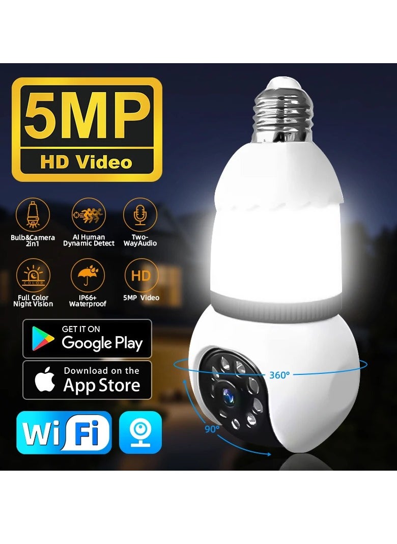 5MP E27 Bulb Camera Wifi Surveillance With LED Bulb HD PTZ 8X Zoom Smart Home Tracking Two Way Audio Night Vision Wireless Cam (32G)