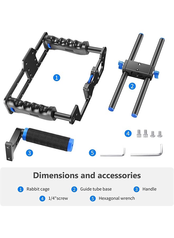 NEEWER Camera Video Cage Film Movie Making Kit, Aluminum Alloy with Top Handle, Dual Hand Grip, Two 15mm Rods, Compatible with Canon Sony Fujifilm Nikon DSLR Camera and Camcorder (Black + Blue)