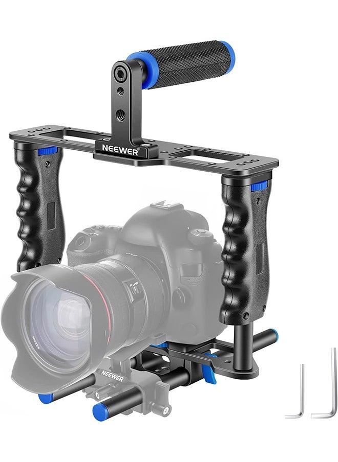 NEEWER Camera Video Cage Film Movie Making Kit, Aluminum Alloy with Top Handle, Dual Hand Grip, Two 15mm Rods, Compatible with Canon Sony Fujifilm Nikon DSLR Camera and Camcorder (Black + Blue)