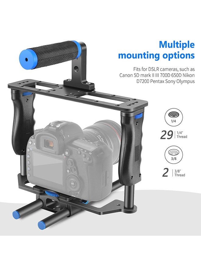 NEEWER Camera Video Cage Film Movie Making Kit, Aluminum Alloy with Top Handle, Dual Hand Grip, Two 15mm Rods, Compatible with Canon Sony Fujifilm Nikon DSLR Camera and Camcorder (Black + Blue)