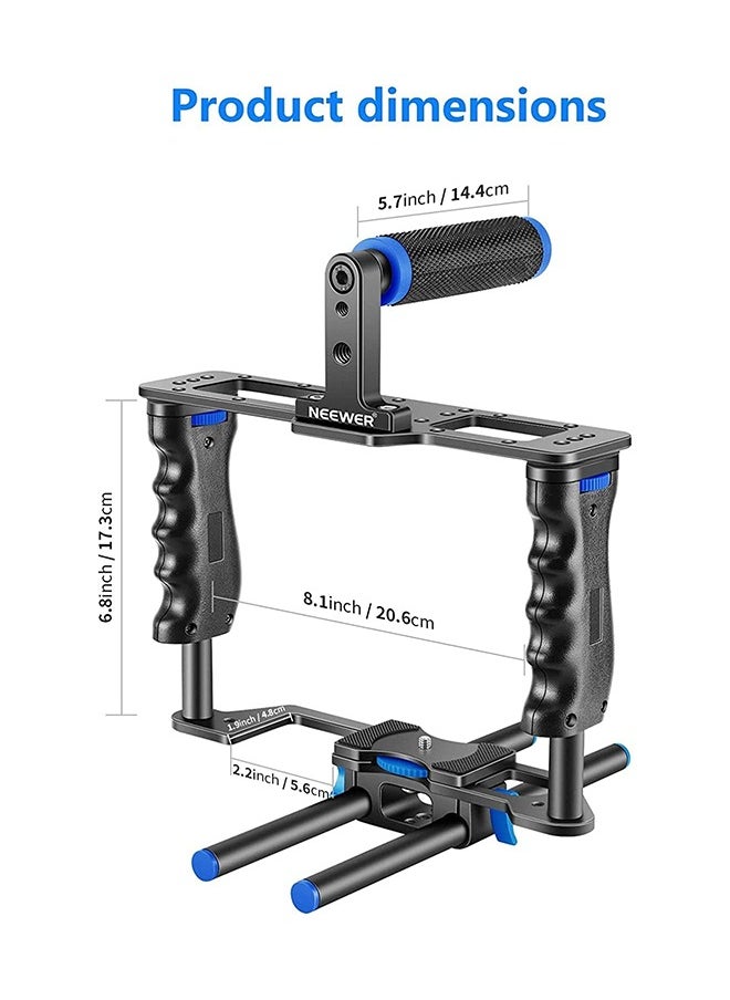 NEEWER Camera Video Cage Film Movie Making Kit, Aluminum Alloy with Top Handle, Dual Hand Grip, Two 15mm Rods, Compatible with Canon Sony Fujifilm Nikon DSLR Camera and Camcorder (Black + Blue)