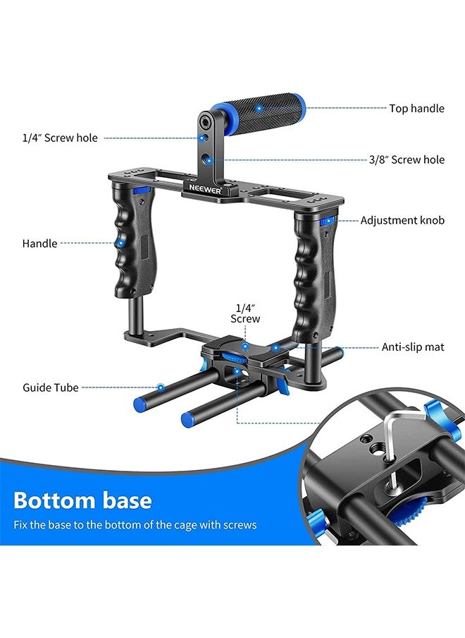 NEEWER Camera Video Cage Film Movie Making Kit, Aluminum Alloy with Top Handle, Dual Hand Grip, Two 15mm Rods, Compatible with Canon Sony Fujifilm Nikon DSLR Camera and Camcorder (Black + Blue)