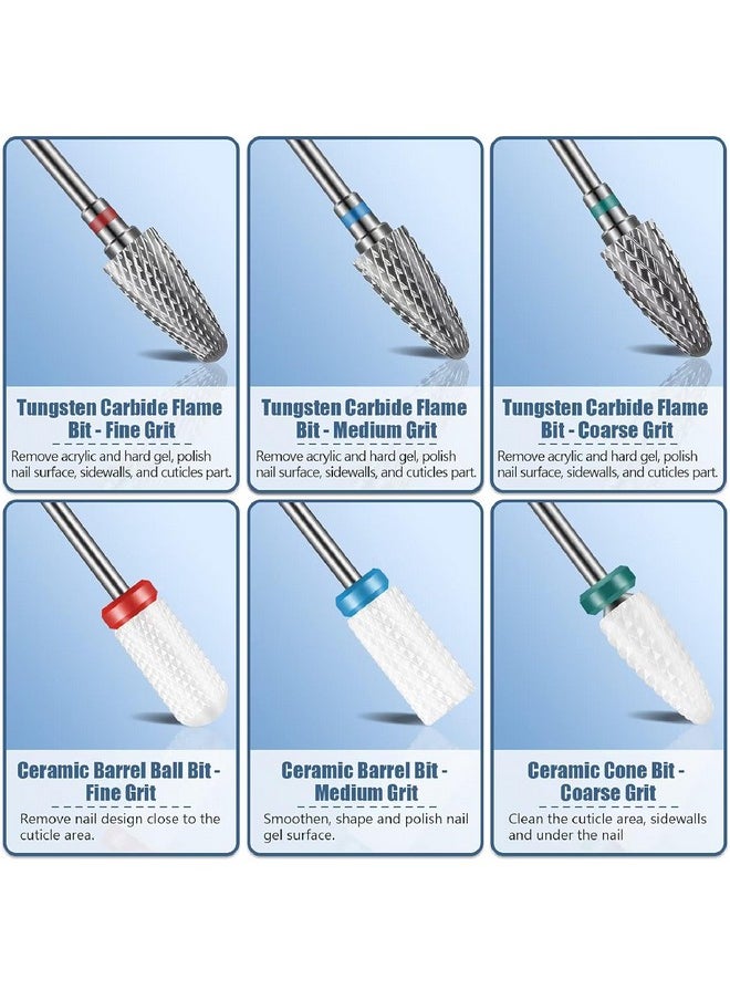 13Pc Nail Drill Bits Set, Drill Bits For Nails, 3Pcs Tungsten Carbide Drill Bits+ 3Pcs Ceramic Efile Nail Drill Bits+ 6Pcs Diamond Drill Bits+ 1Pcs Brush, 3/32 Inch Nail Bits For Nail Drill