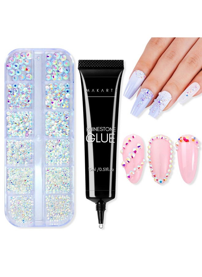 Crystal Ab Nail Rhinestones With Gel Nail Glue For Gems 15Ml Strong Adhesive Nail Rhinestone Glue Round Flatback Nail Crystals Diamonds For Nail Charms Design Accessories Jewels Decoration