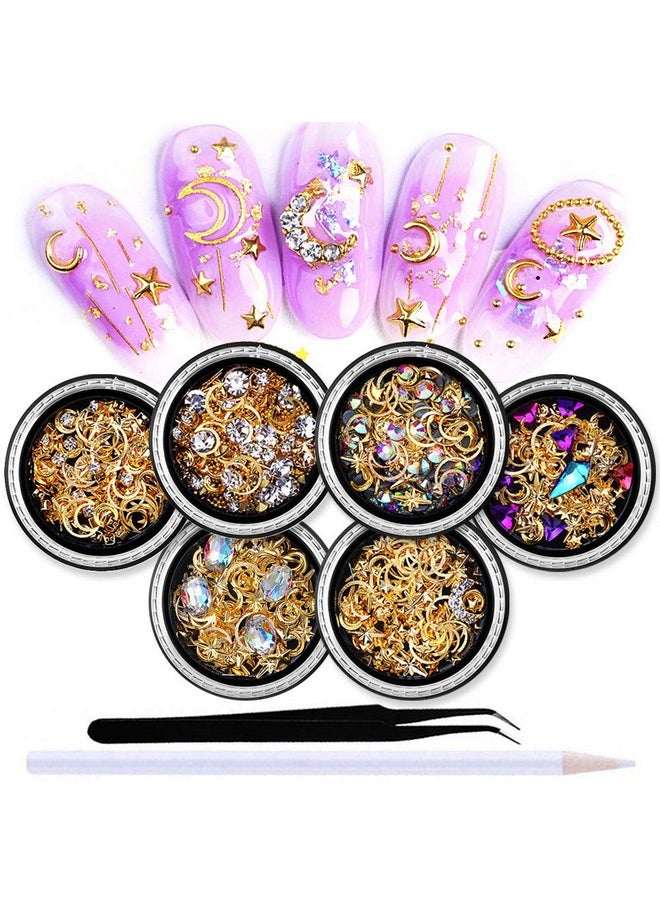 6 Boxes 3D Nail Rhinestones And Studs Gold Nail Rivets Set Nail Crystals Clear Nail Jewelry Decorations Manicure Kit With 1Pc Tweezers And Picker Pencil