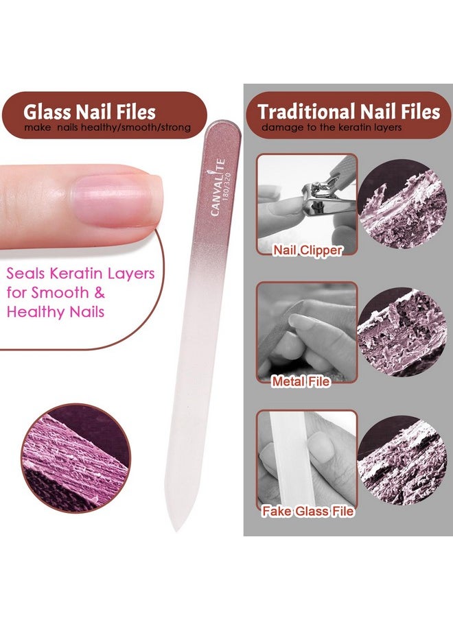 Glass Nail Files For Natural Nails Glass Fingernail File Crystal Nail Files With Case Double Sided 180/320 Grit Czech Glass File Gentle Nail Care Stocking Stuffers For Women Girls, Rose Gold