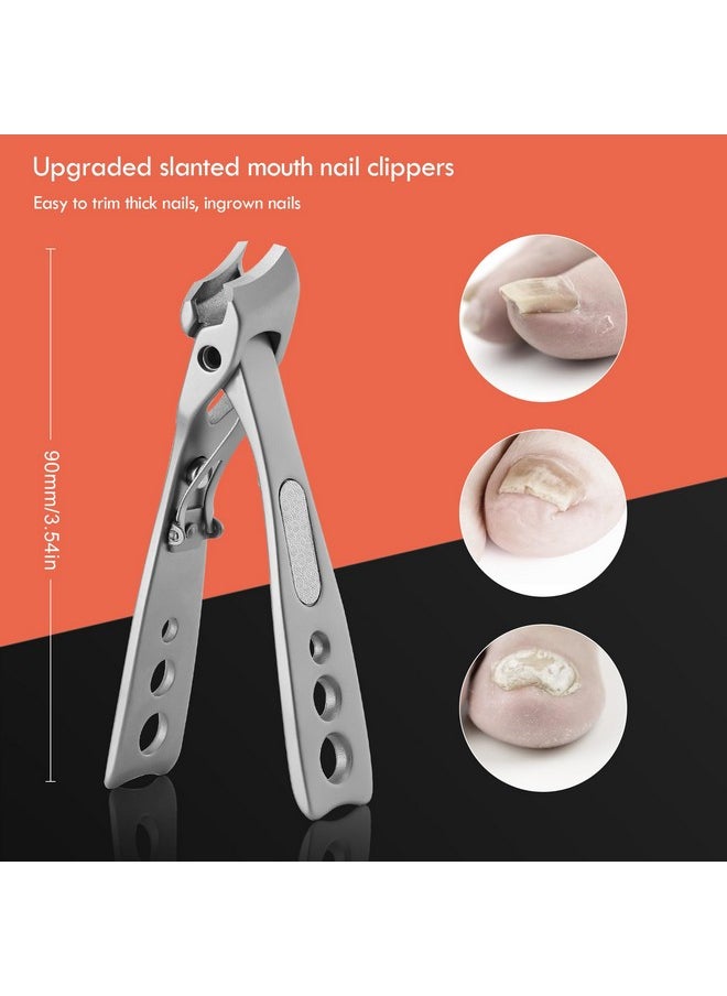 Thick Nail Clipper With Slant Curved Blade - Seniors Toenail Clippers For Thick And Ingrown Nails, Fingernail Clippers With Built-In Nail File And Storage Pouch - Matte Silver