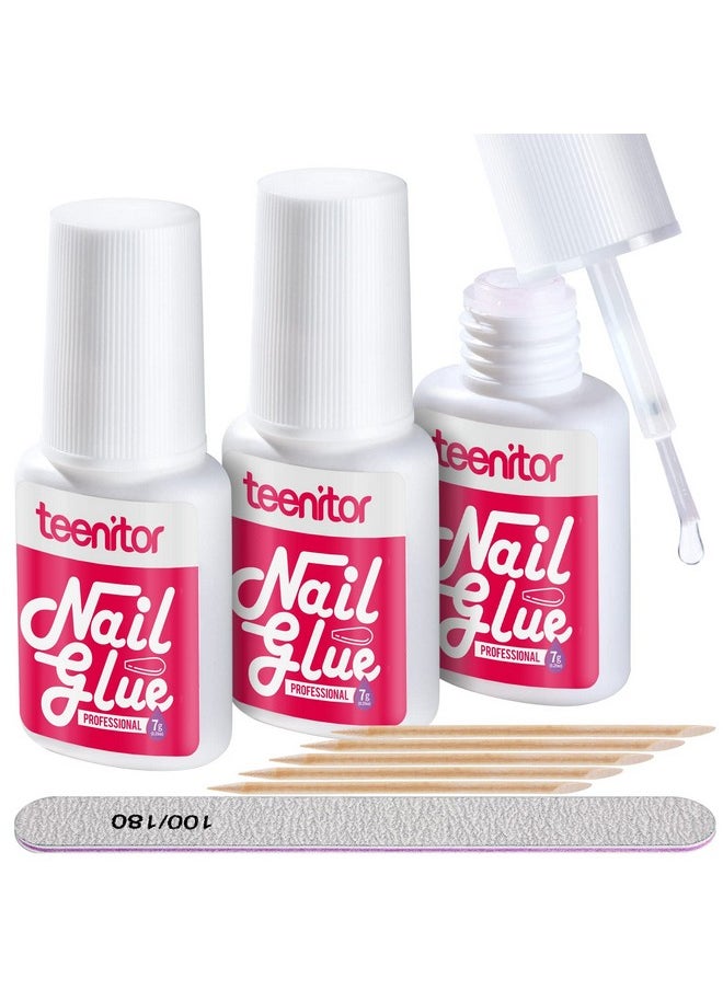 Nail Glue For Press Ons, 3 Pack Best Nail Glue For Gel Tips With Nail Files, Super Strong Nail Glue For Broken Nail Brush On Nail Glue For Press On Nails