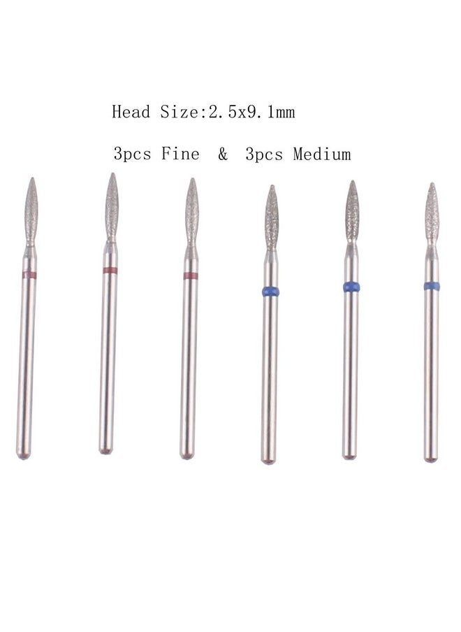 Flame Shape Diamond Cuticle Nail Drill Bit Set, 6Pcs Pro Manicure Drill Bits For Nail Prep, 3/32 Shank Efile Bit(Fine+Medium)