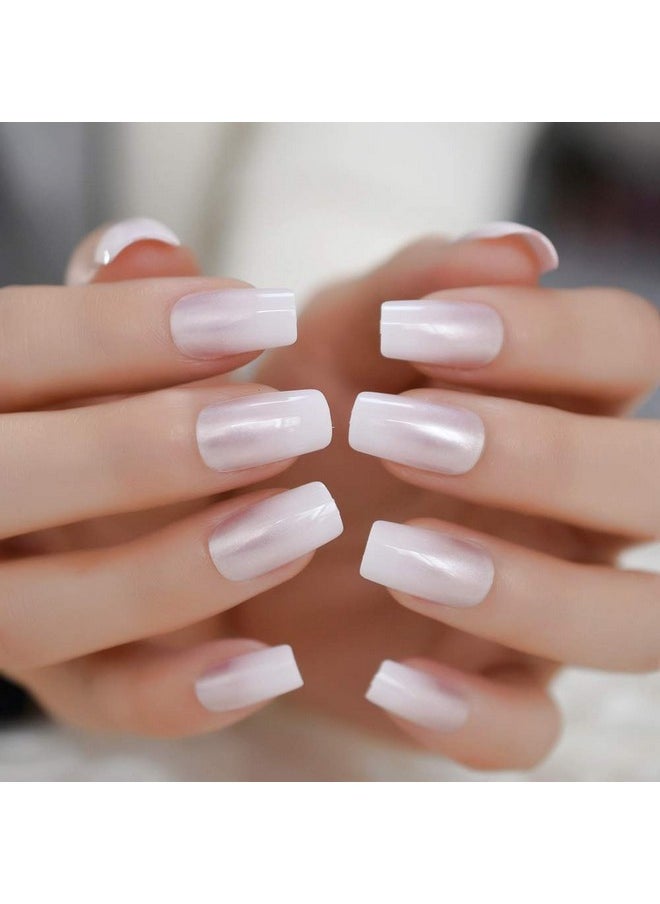 Pearl Shine Glossy Fake Nails Shimmer White Square French Nail Ombre Faux Ongles Gradient Medium Fingernails With Gluetabs