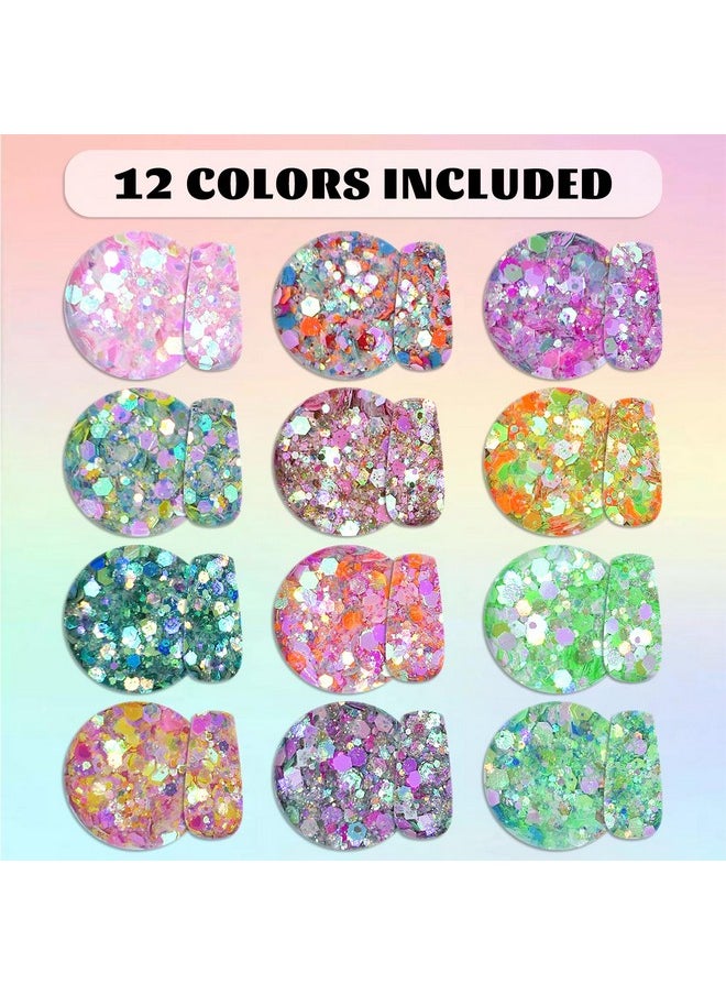 12 Colors Iridescent Chunky Glitter Illusion Candyfloss Sequins Powder Chunky Glitter For Crafts Makeup Glitter Nail Glitter Flakes For Nails Art Decoration Body Diy Craft