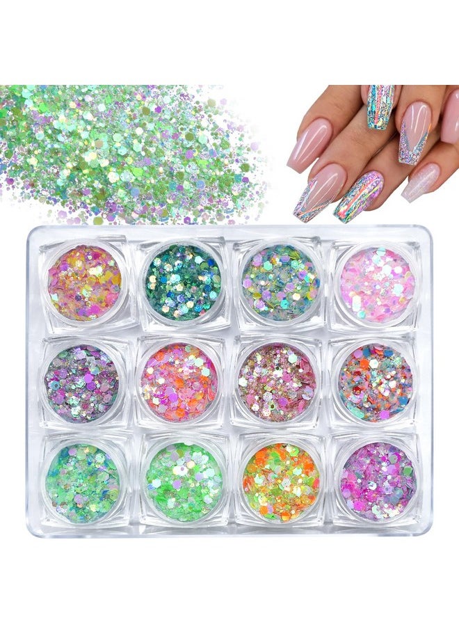 12 Colors Iridescent Chunky Glitter Illusion Candyfloss Sequins Powder Chunky Glitter For Crafts Makeup Glitter Nail Glitter Flakes For Nails Art Decoration Body Diy Craft