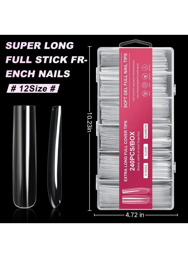 Extra Long Square Full Cover Nail Tips 240Pcs Xxxl Clear Full Cover Fake Nails False Nails 12 Sizes Tapered Square Press On Fake Nail Tips For Acrylic Nails Salons Home Diy With Box