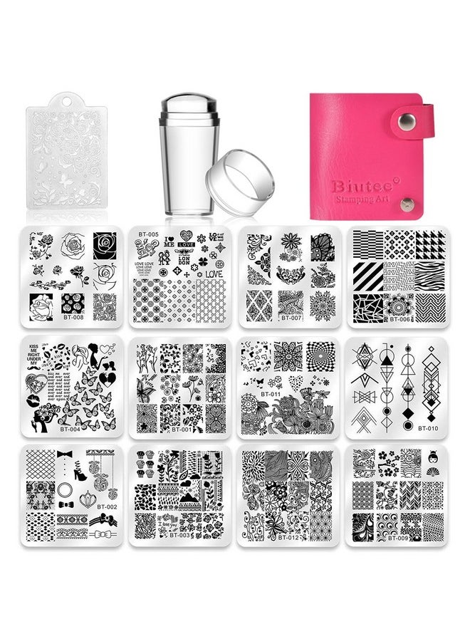 Nail Stamping Plates Set 12Pcs Nail Plates 1Stamper 1Scraper 1Storage Bag Nail Plate Template Image Plate Stencil Nails Tool (C)
