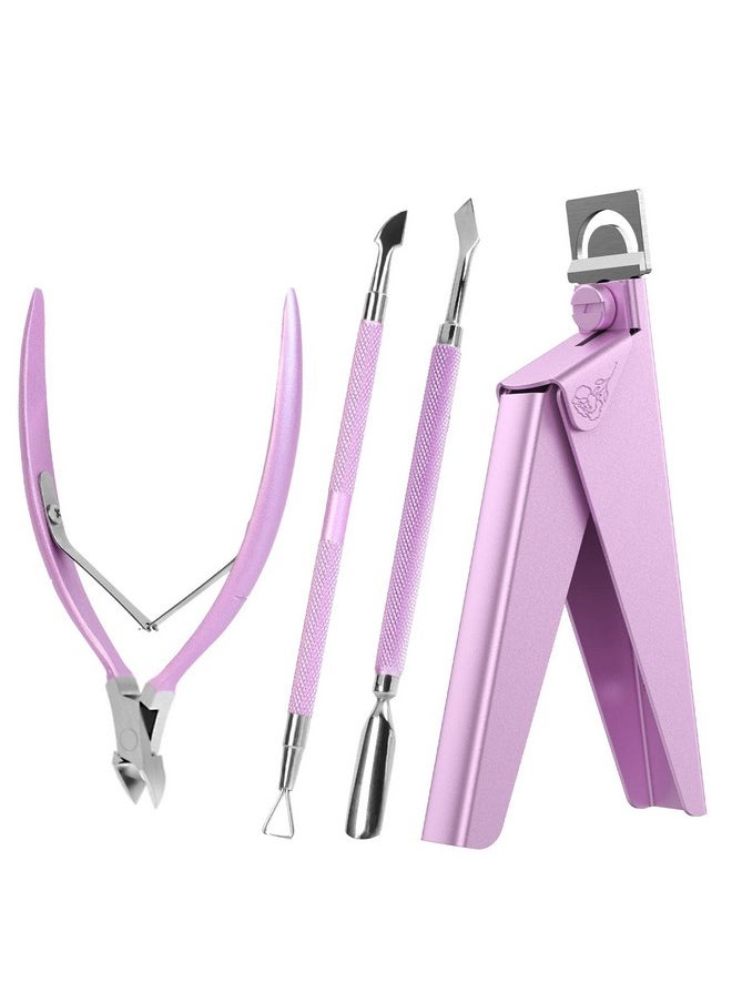 Acrylic Nail Clippers 4 In 1 Set, Adjustable Stainless Steel Nail Clippers For Acrylic Nails Tips, Professional Cuticle Nipper Cutter Cuticle Pusher Remover, Pink