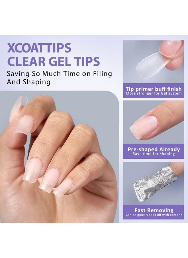 Short Square Gel Nails - Natural Xcoattips Short Fake Nails With Tip Primer Cover, Stronger Nail Adhesion, Full Matte Soft Gel Nail Tips, Clear Nail Tips Fake Nails For Nail Extensions