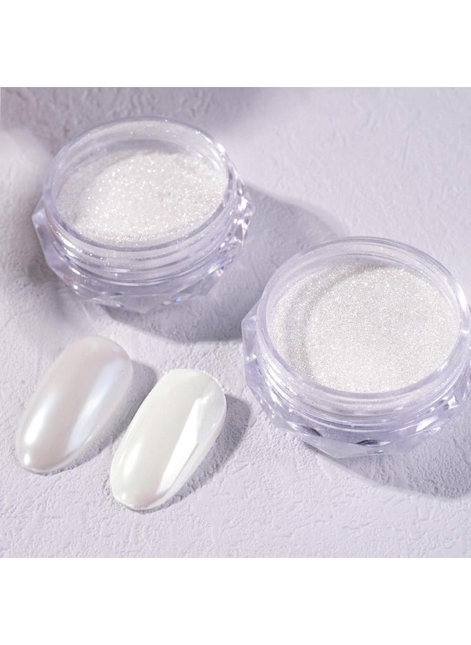 Prettydiva Pearl Chrome Powder, 2Pc Super Glossy Mirror Effect White Pearl Chrome Nail Powder Pearl Magic White Moonlight Powder For Nails