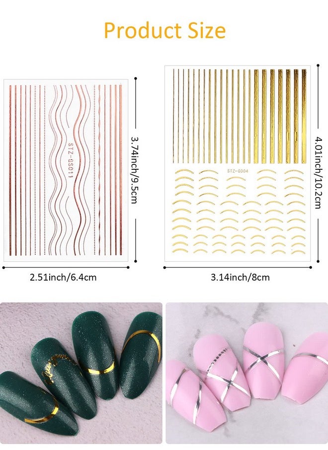 12 Sheets Gold Silver Metal Nail Stickers, Metallic Curve Strip Line Nail Decal Self-Adhesive 3D Wave Design Diy Decoration For Women Girls