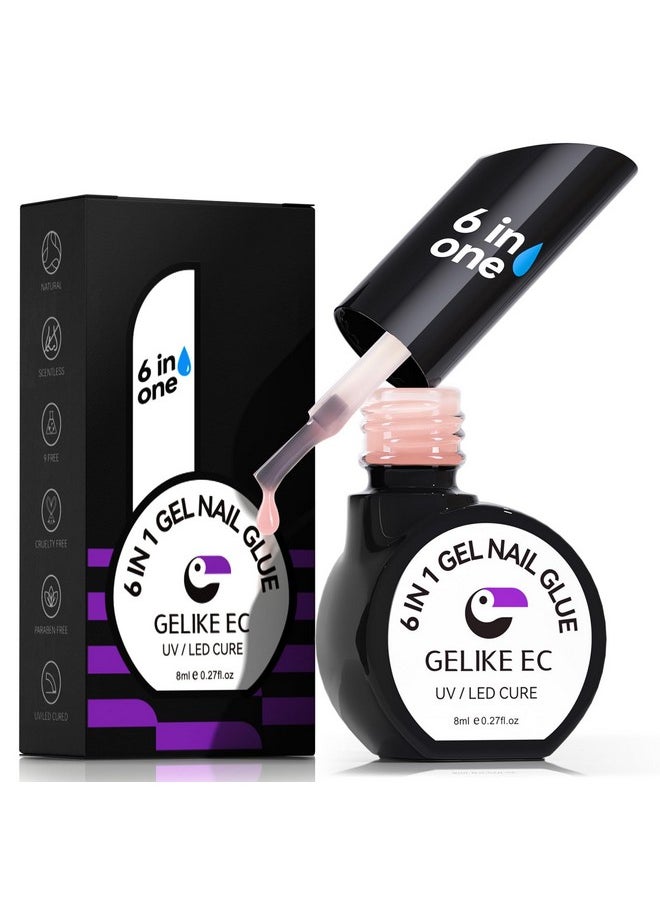 Gel Nail Glue Uv - 6 In 1 Gel Glue For Nail Tips With Sheer Apricot Nude Color, Base Coat Free, Strong Adhesive For Press On Nails Acrylic Tips, Ideal For Salon And Home Diy