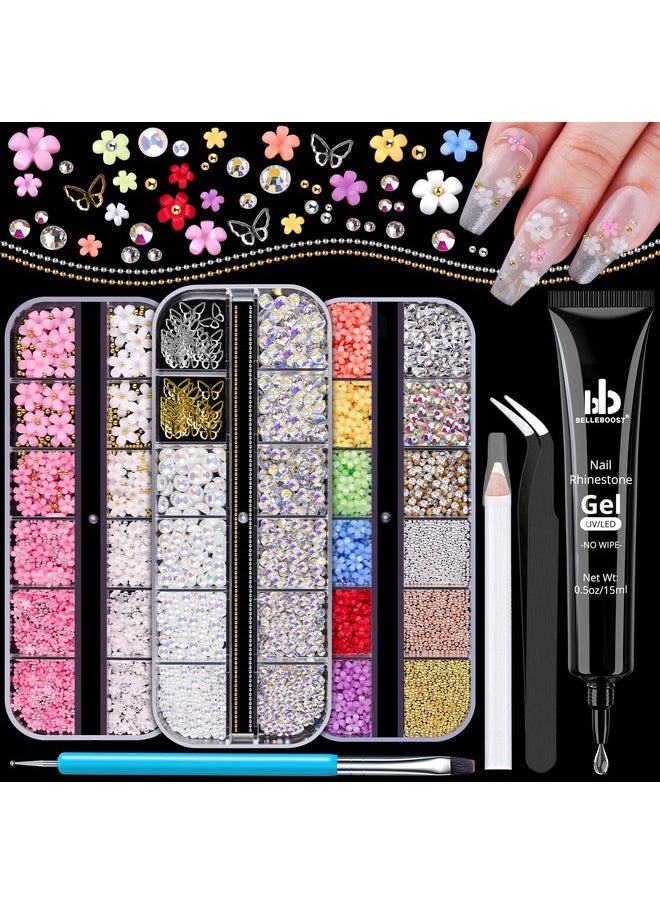 3D Nail Charms, Manicure Kit With Nail Rhinestone Glue Gel (Uv Curing), Butterfly Colorful Flower Starry Ab Gems Caviar Beads Half Round Pearl & Flatback Glass Ab + Clear Crystal With Dotting Tools