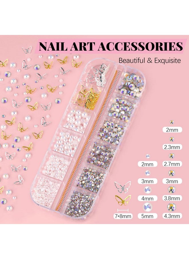 3D Nail Charms, Manicure Kit With Nail Rhinestone Glue Gel (Uv Curing), Butterfly Colorful Flower Starry Ab Gems Caviar Beads Half Round Pearl & Flatback Glass Ab + Clear Crystal With Dotting Tools