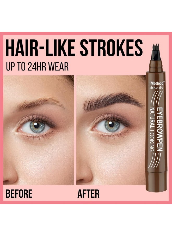 Microblading Eyebrow Pen - Eyebrow Pencil Magical Upgraded Eye Brow Pencils For Women With 4 Fork Tip & Spoolie Brush For Natural-Looking Hair-Like Defined Brows, Last All-Day, Light Brown