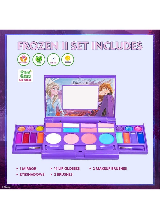 Disney Frozen Elsa Anna Cosmetic Compact Set With Mirror 14 Lip Glosses, 8 Eye Shadow, 4 Blushes, 4 Brushes Colorful Portable Washable Makeup Beauty Kit Box Set For Girls Kids Toddler