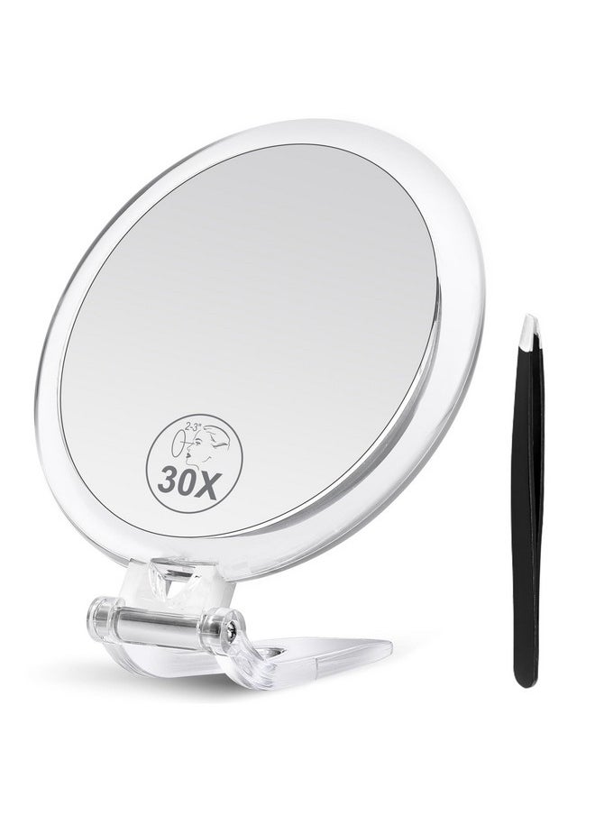 30X Magnifying Mirror, Magnifying Mirror With Stand And Tweezers, Handheld Mirror With 30X/1X Magnification, Compact Mirror For Traveling, 30X Makeup Mirror For Pluck Eyebrows