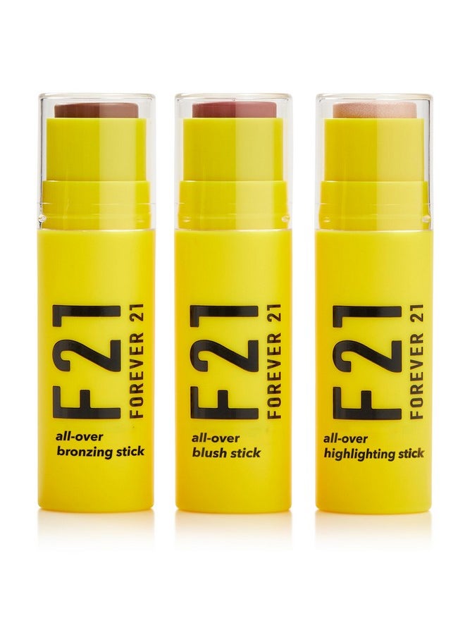 F21 Beauty All Over Sticks, Set Of 3 Medium Shades W. Bronzer Stick (Mocha), Blush Stick (Rose Glow), Highlighter Stick (Rosebud), Multi-Use Makeup Trio For Face, Cheeks, Contour & Sculp
