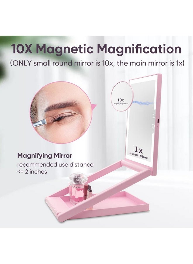 Travel Mirror With Light 10X Magnification Lighted Travel Makeup Mirror With Adjustable Height Dimmable 3-Color Folding Portable Mirror 2000Mah Rechargeable Led Small Vanity Mirror