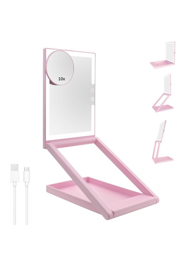 Travel Mirror With Light 10X Magnification Lighted Travel Makeup Mirror With Adjustable Height Dimmable 3-Color Folding Portable Mirror 2000Mah Rechargeable Led Small Vanity Mirror