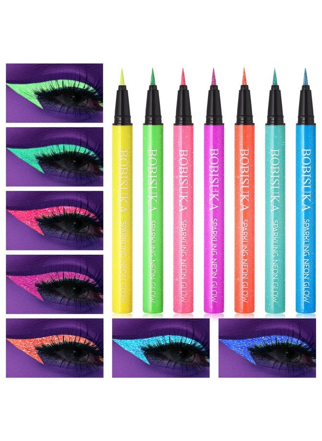 Uv Shimmer Glow Liquid Eyeliner Set, 7 Colors Glitter Neon Colored Eyeliners Pen, Colorful Waterproof Pigmented Graphic Liners, Metallic Eye Makeup Kit For Rave Accessories Party