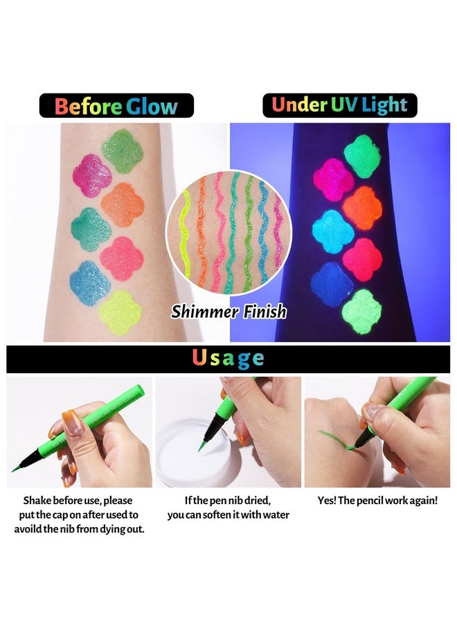 Uv Shimmer Glow Liquid Eyeliner Set, 7 Colors Glitter Neon Colored Eyeliners Pen, Colorful Waterproof Pigmented Graphic Liners, Metallic Eye Makeup Kit For Rave Accessories Party