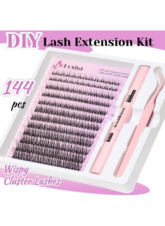 Lash Extension Kit 144Pcs Wispy Lash Clusters Kit 8-16Mm Natural Cluster Eyelash Extensions With Lash Bond And Seal And Lash Tweezer C Curl Diy Lash Extensions Kit For Beginners (Ld04 Flutter)