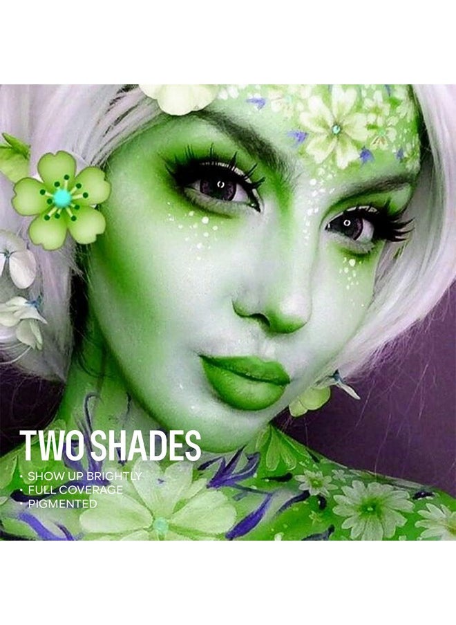 Green Face Body Paint Makeup Foundation 30G, Water Activated Dark Green/Light Green Cream To Powder Face Body Paint For Halloween Costume Cosplay Theater Stage Dressup Makeup Matte Finish