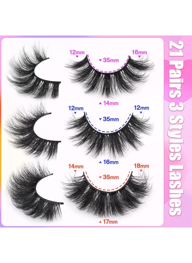 Fluffy False Eyelashes Natural Look 14-17Mm Cat Eye Lashes Pack, 5D Wispy Curly Fake Lashes By Tnfvloneins - 21 Pairs 3 Styles