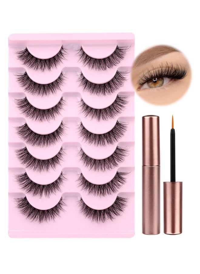 Natural Wispy Fluffy Lashes With Glue Cat Eyes Mink Lashes Clear Band Eyelashes With Glue Kit Russian Strip Lashes Natural Look False Eyelashes Extension Strip Lashes D Curly 7 Pairs Pack