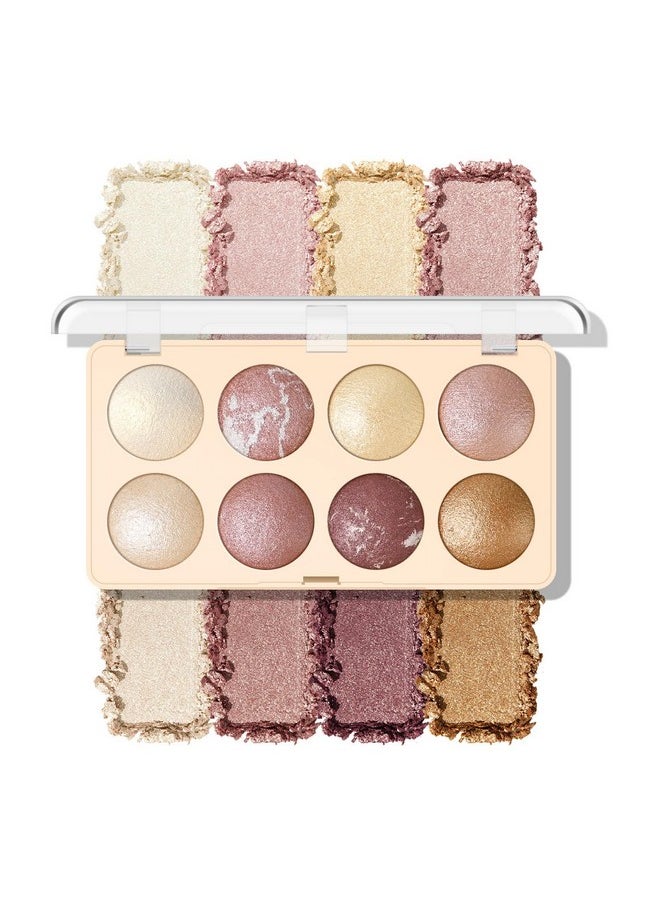 8 Colors Baked Powder Palette, Mulitiuse Baked Powder For Eyeshadow Highlighter Contour, High Glossy Pigment, Lightweight Soft Powder, Buildable Blendable Natural Look, Rose Gold