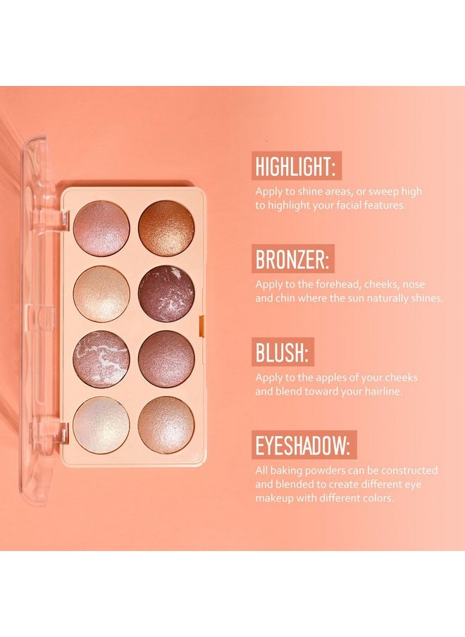 8 Colors Baked Powder Palette, Mulitiuse Baked Powder For Eyeshadow Highlighter Contour, High Glossy Pigment, Lightweight Soft Powder, Buildable Blendable Natural Look, Rose Gold