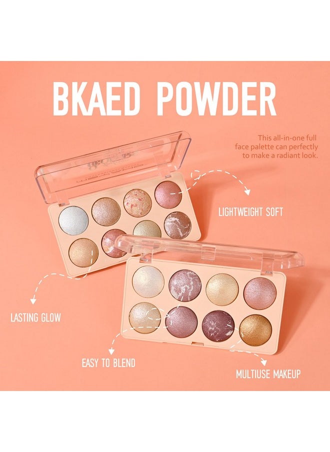 8 Colors Baked Powder Palette, Mulitiuse Baked Powder For Eyeshadow Highlighter Contour, High Glossy Pigment, Lightweight Soft Powder, Buildable Blendable Natural Look, Rose Gold