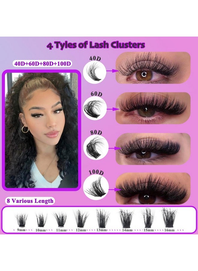 Lash Clusters Kit 640Pcs Lash Extension Kit Wispy 40D+60D+80D+100D Fluffy Cluster Lash Kit D Curl Volume Individual Lashes With Lash Revmover Lash Bond Seal 9-16Mm(40D+60D+80D+100D Kit 640Pcs)