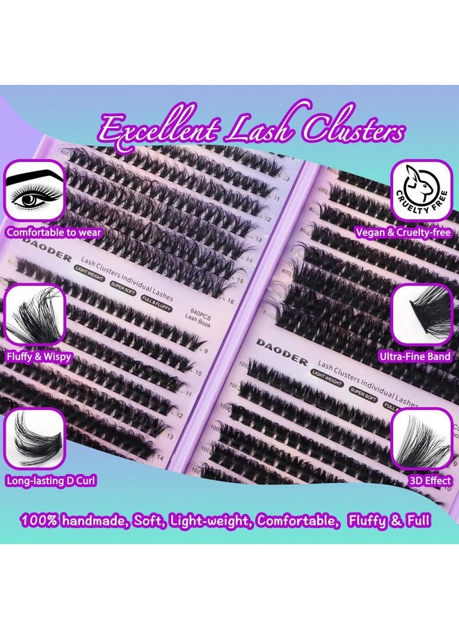 Lash Clusters Kit 640Pcs Lash Extension Kit Wispy 40D+60D+80D+100D Fluffy Cluster Lash Kit D Curl Volume Individual Lashes With Lash Revmover Lash Bond Seal 9-16Mm(40D+60D+80D+100D Kit 640Pcs)