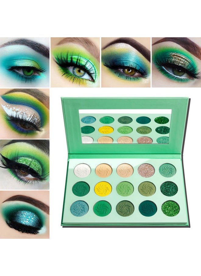 Green Eyeshadow Palette, Green Glitter Eyeshadow Highly Pigmented, Forest Emerald Green Christmas Makeup Palettes, Yellow Lime Grass Grinch Green Makeup Eye Shadow Pallet 15 Color