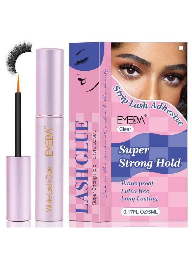 False Eyelash Glue Super Strong Hold 24H Clear Glue Latex Free Eyelash Glue Waterproof Lash Glue White Strip Eyelash Adhesive 5Ml 0.17Oz