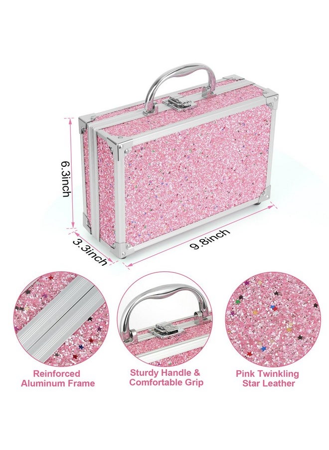 All-In-One Makeup Carry Case With Pro Teen Makeup Set, Full Starter Cosmetics Kit With Makeup Brushes, Lipsticks, Eye Shadows Palette, Blushes, Glitter Gel-Pink