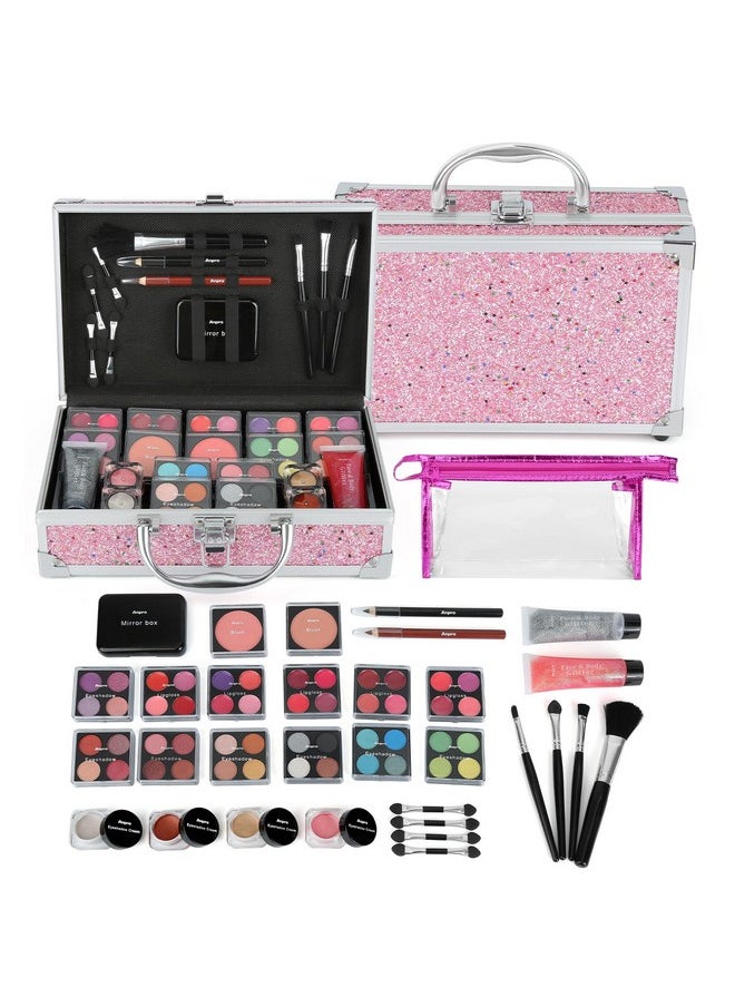 All-In-One Makeup Carry Case With Pro Teen Makeup Set, Full Starter Cosmetics Kit With Makeup Brushes, Lipsticks, Eye Shadows Palette, Blushes, Glitter Gel-Pink