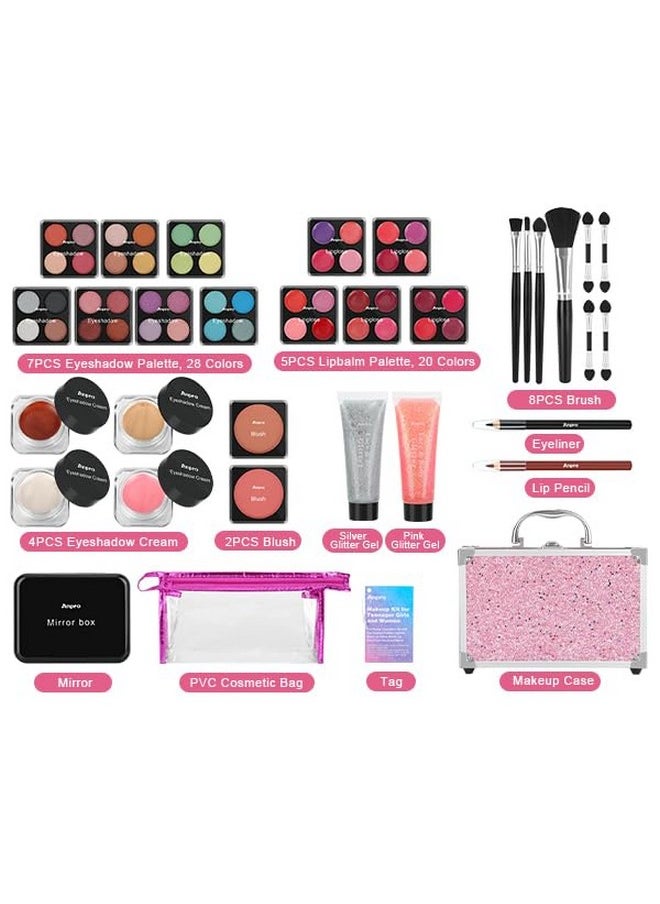 All-In-One Makeup Carry Case With Pro Teen Makeup Set, Full Starter Cosmetics Kit With Makeup Brushes, Lipsticks, Eye Shadows Palette, Blushes, Glitter Gel-Pink