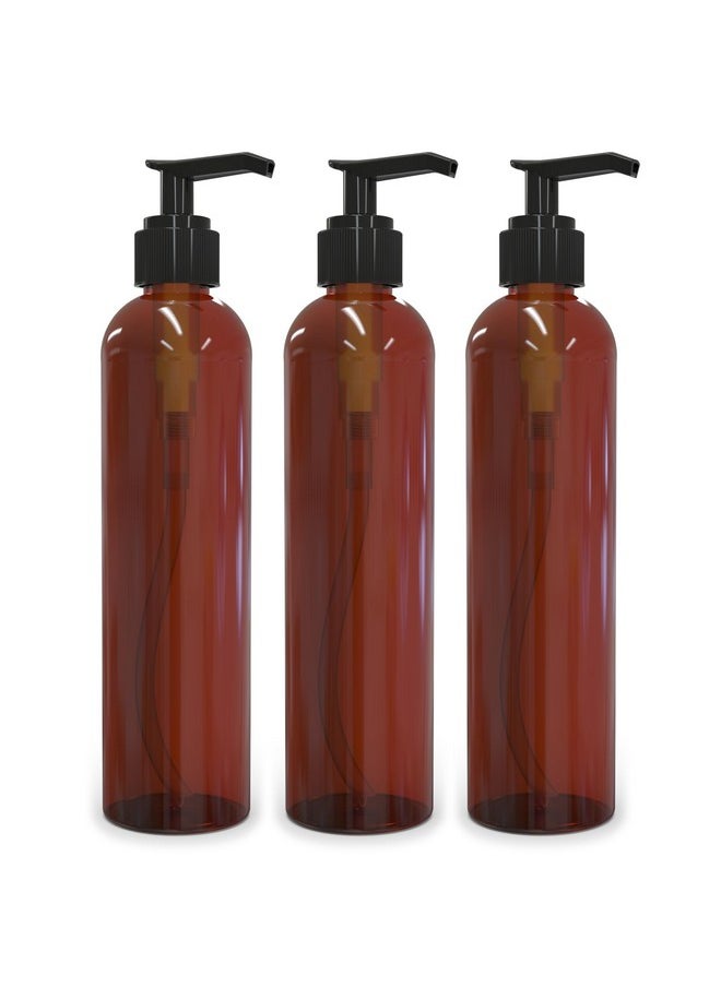 Lotion Pump Bottles, Empty 8 Oz, Bpa-Free Refillable Plastic Containers, Amber With Black Dispenser For - Soap, Shampoo, Lotions, Liquid Body Soap, Creams And Massage Oil (3 Pack)